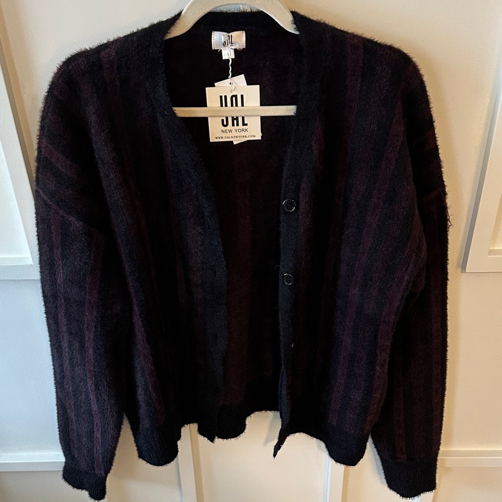 Women's Black and burgundy striped texture Cardigan Sweater